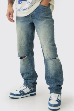 Relaxed Rigid Distressed Knee Slit Jeans | BoohooMAN UK