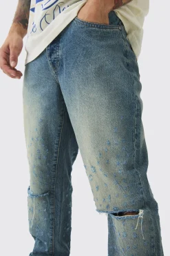Relaxed Rigid Distressed Knee Slit Jeans | BoohooMAN UK