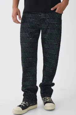 Relaxed Rigid Distressed Jacquard Jeans | BoohooMAN UK