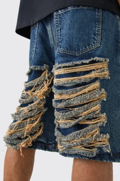Relaxed Rigid Extreme Ripped Denim Jorts In Antique Blue | BoohooMAN UK