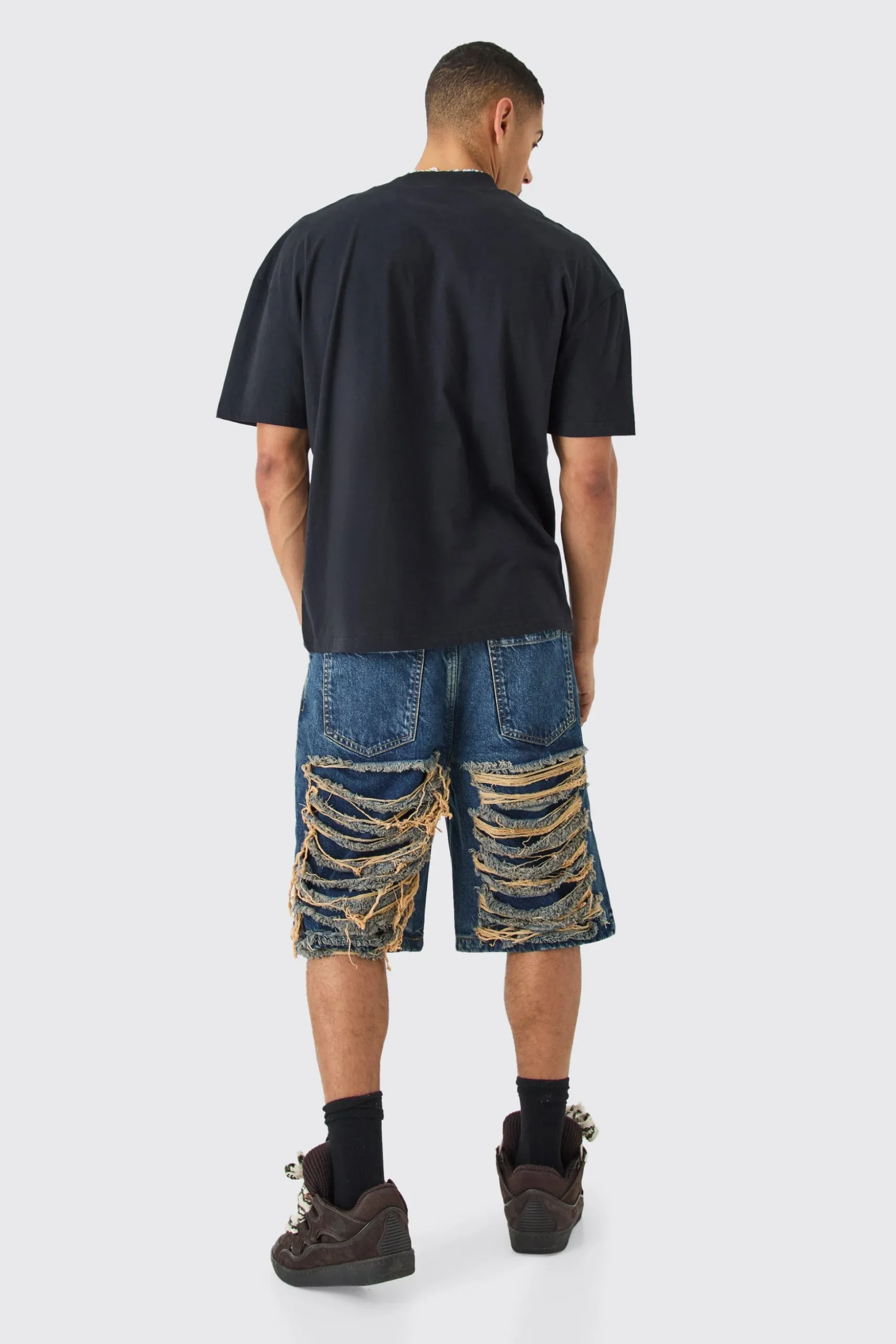 Relaxed Rigid Extreme Ripped Denim Jorts In Antique Blue | BoohooMAN UK