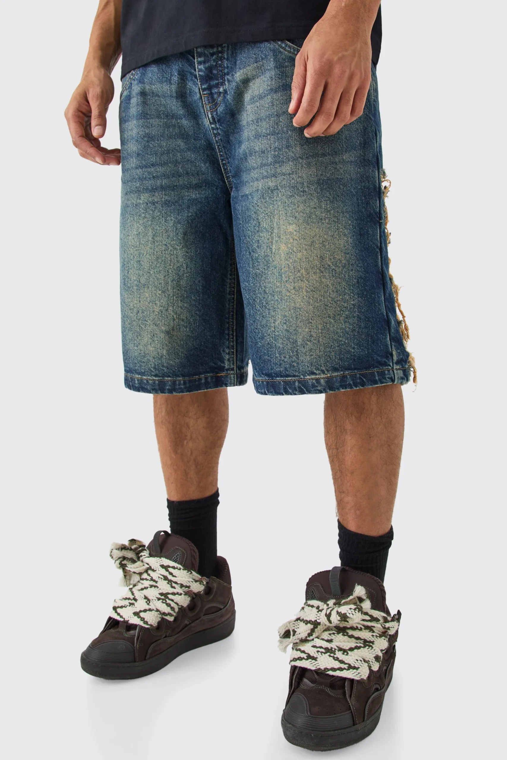 Relaxed Rigid Extreme Ripped Denim Jorts In Antique Blue | BoohooMAN UK