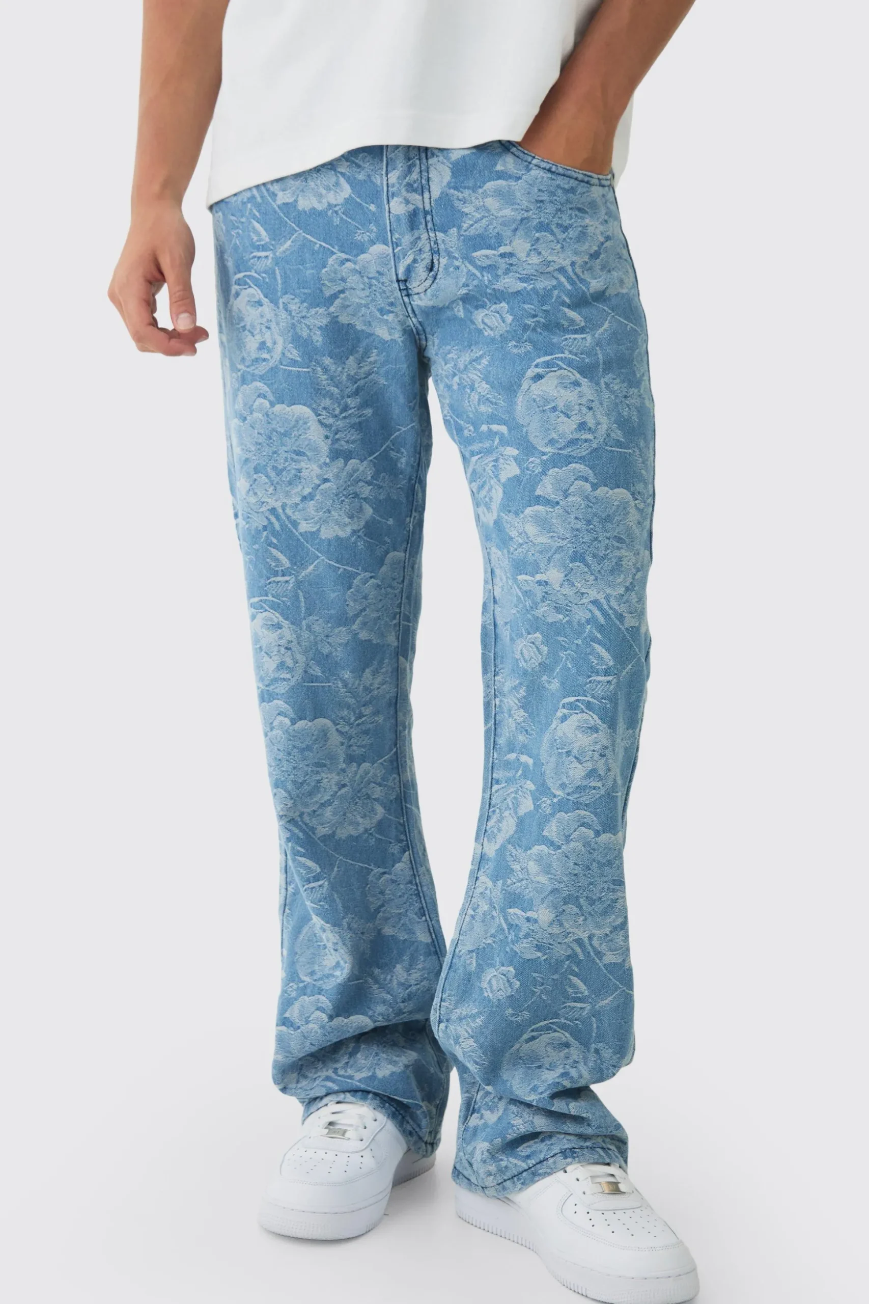 Relaxed Rigid Flare Floral Jacquard Jeans | BoohooMAN UK