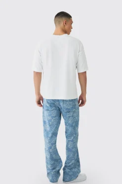 Relaxed Rigid Flare Floral Jacquard Jeans | BoohooMAN UK
