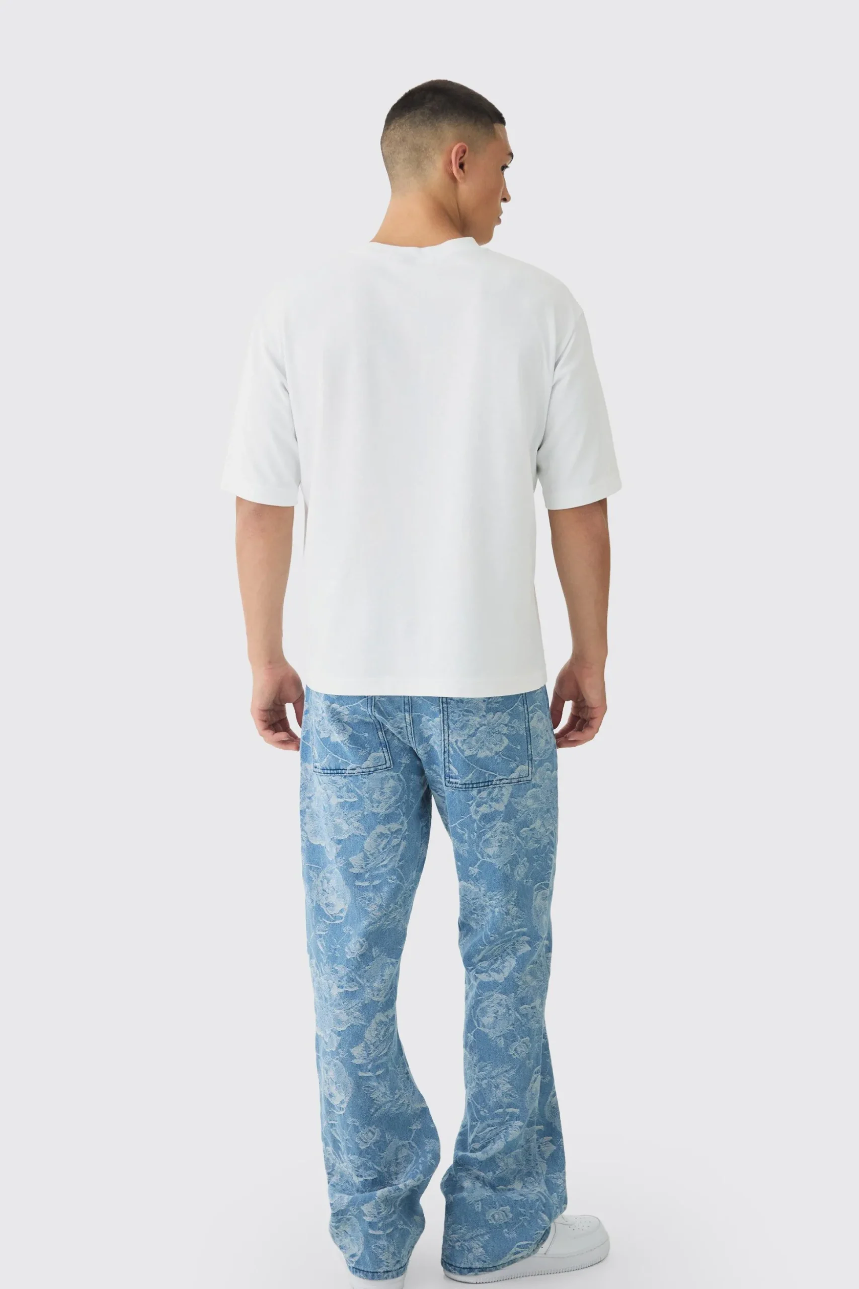 Relaxed Rigid Flare Floral Jacquard Jeans | BoohooMAN UK
