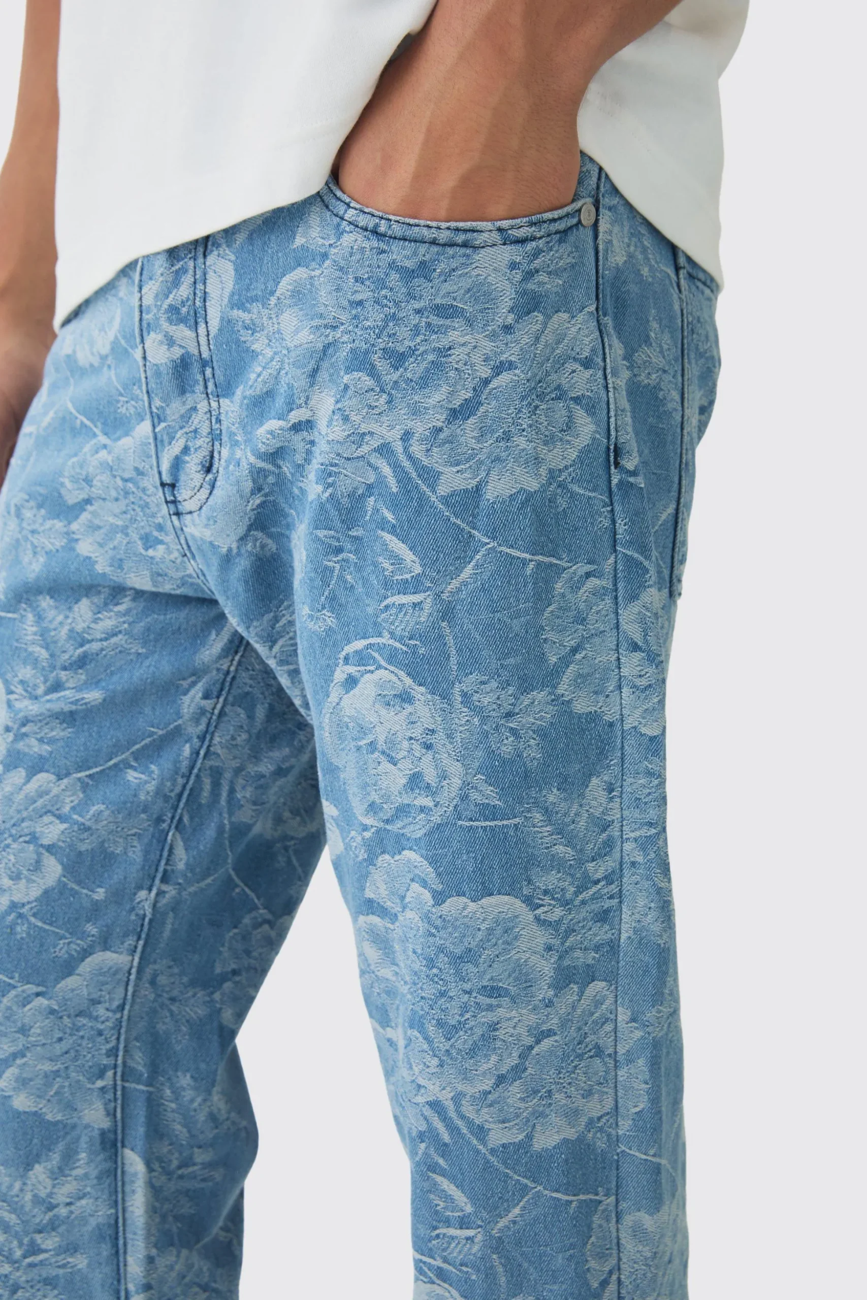 Relaxed Rigid Flare Floral Jacquard Jeans | BoohooMAN UK