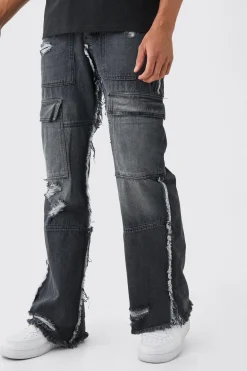 Relaxed Rigid Flare Frayed Edge Cargo Jeans | BoohooMAN UK