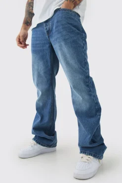 Relaxed Rigid Flare Jean In Mid Blue | BoohooMAN UK