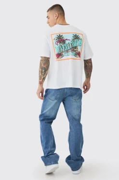 Relaxed Rigid Flare Jean In Mid Blue | BoohooMAN UK
