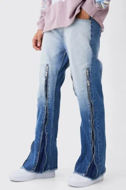 Relaxed Rigid Flare Multi Zip Gusset Jeans In Light Blue | BoohooMAN UK