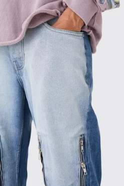 Relaxed Rigid Flare Multi Zip Gusset Jeans In Light Blue | BoohooMAN UK