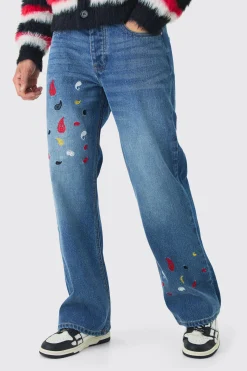 Relaxed Rigid Flare Paisley Embroidered Jeans | BoohooMAN UK
