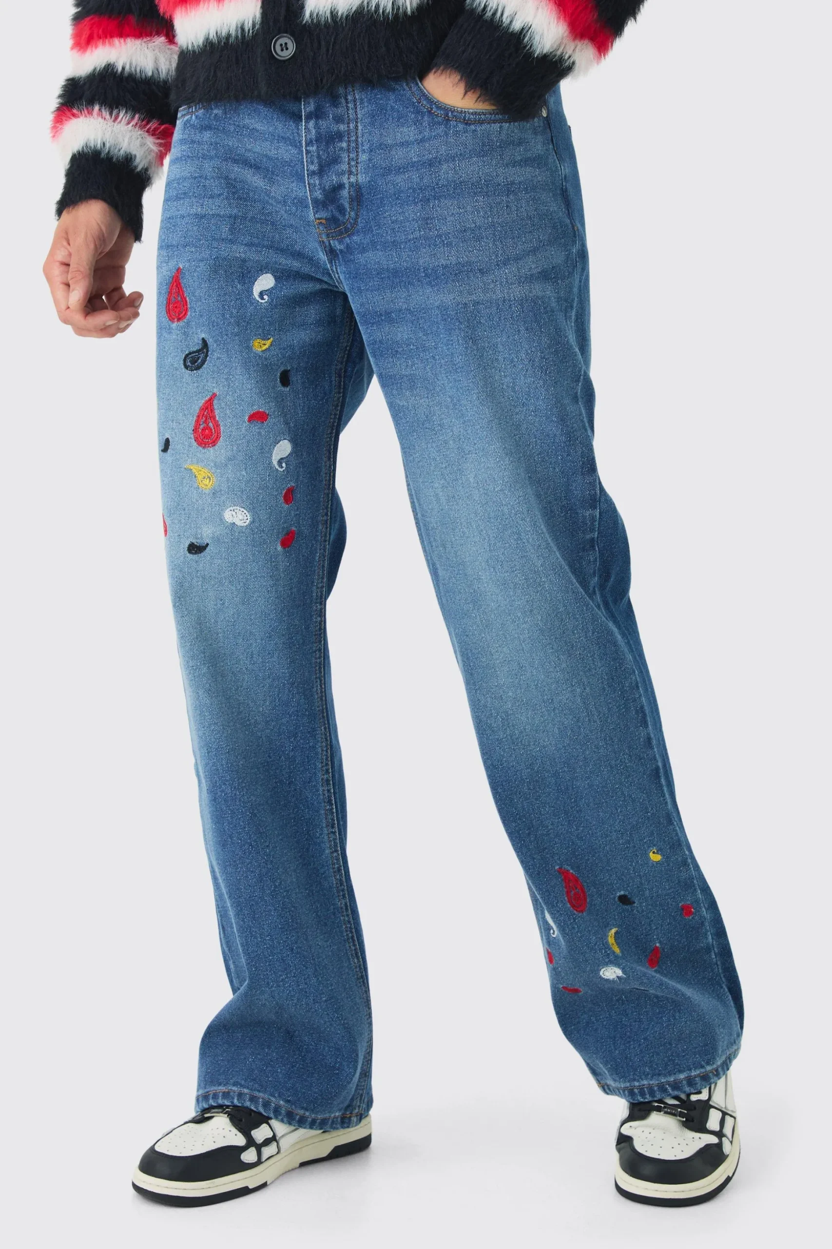 Relaxed Rigid Flare Paisley Embroidered Jeans | BoohooMAN UK