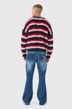Relaxed Rigid Flare Paisley Embroidered Jeans | BoohooMAN UK