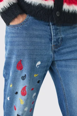 Relaxed Rigid Flare Paisley Embroidered Jeans | BoohooMAN UK
