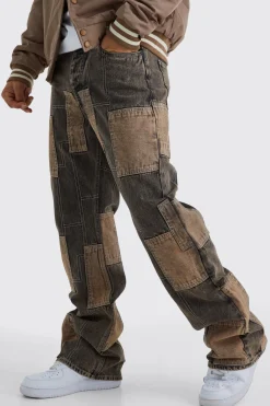 Relaxed Rigid Flare Patchwork Jeans | BoohooMAN UK
