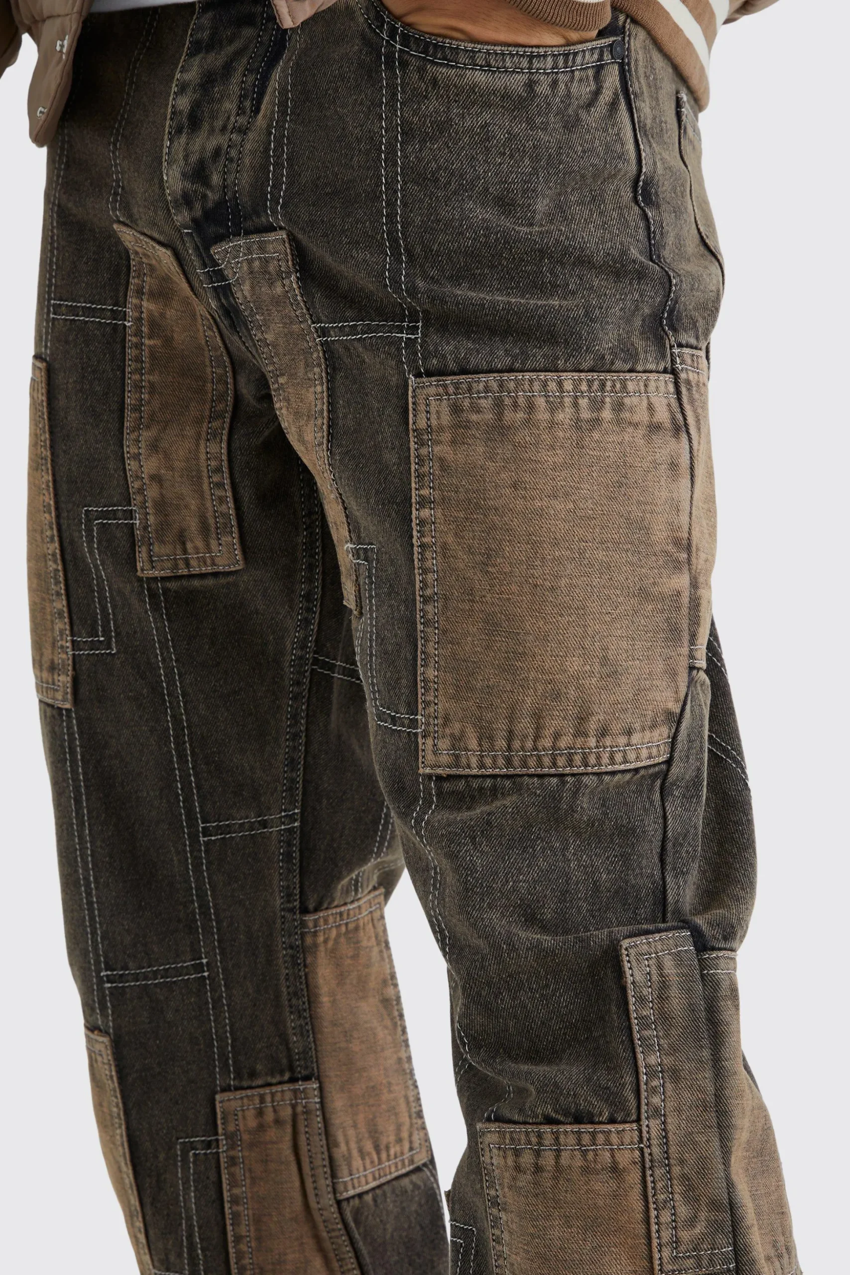 Relaxed Rigid Flare Patchwork Jeans | BoohooMAN UK