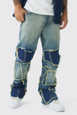 Relaxed Rigid Flare Patchwork Distressed Jeans | BoohooMAN UK
