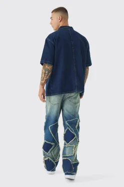 Relaxed Rigid Flare Patchwork Distressed Jeans | BoohooMAN UK