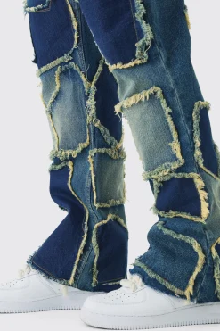 Relaxed Rigid Flare Patchwork Distressed Jeans | BoohooMAN UK