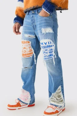 Relaxed Rigid Flare Rip & Repair Applique Jeans | BoohooMAN UK