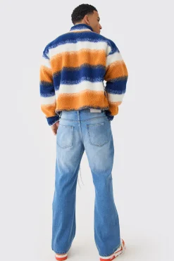 Relaxed Rigid Flare Rip & Repair Applique Jeans | BoohooMAN UK
