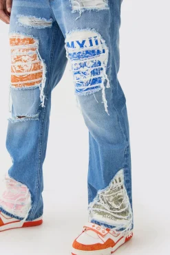 Relaxed Rigid Flare Rip & Repair Applique Jeans | BoohooMAN UK