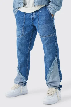 Relaxed Rigid Frayed Spliced Jeans In Mid Blue | BoohooMAN UK