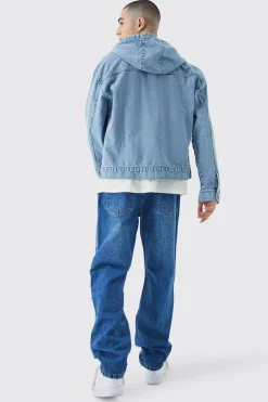 Relaxed Rigid Frayed Spliced Jeans In Mid Blue | BoohooMAN UK