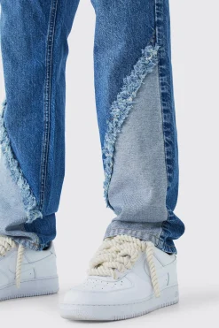 Relaxed Rigid Frayed Spliced Jeans In Mid Blue | BoohooMAN UK