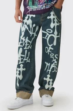 Relaxed Rigid Graffiti Spray Printed Jeans | BoohooMAN UK
