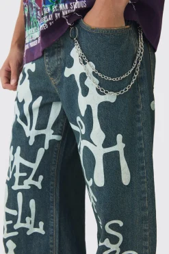 Relaxed Rigid Graffiti Spray Printed Jeans | BoohooMAN UK