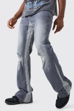 Relaxed Rigid Gusset Flare Washed Ripped Jeans | BoohooMAN UK