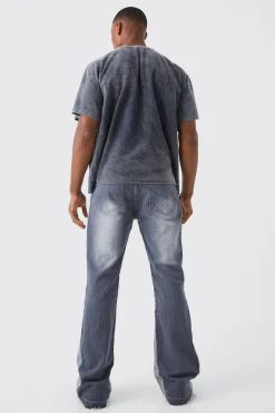 Relaxed Rigid Gusset Flare Washed Ripped Jeans | BoohooMAN UK