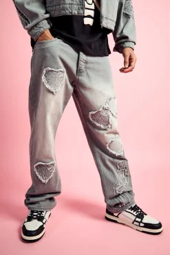Relaxed Rigid Heart Applique Jean In Light Grey | BoohooMAN UK