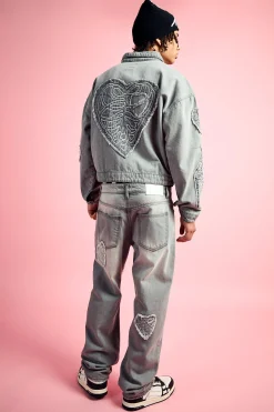 Relaxed Rigid Heart Applique Jean In Light Grey | BoohooMAN UK