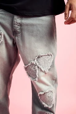 Relaxed Rigid Heart Applique Jean In Light Grey | BoohooMAN UK