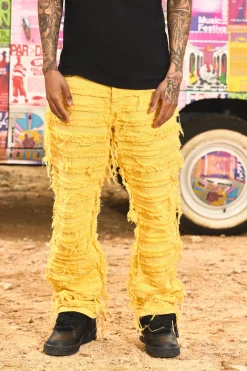 Relaxed Rigid Hyper Distressed Overdye Denim Jean In Yellow | BoohooMAN UK