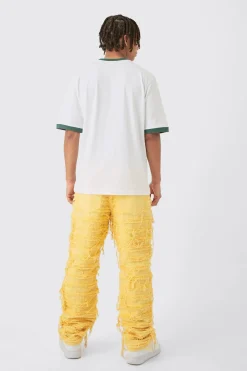 Relaxed Rigid Hyper Distressed Overdye Denim Jean In Yellow | BoohooMAN UK