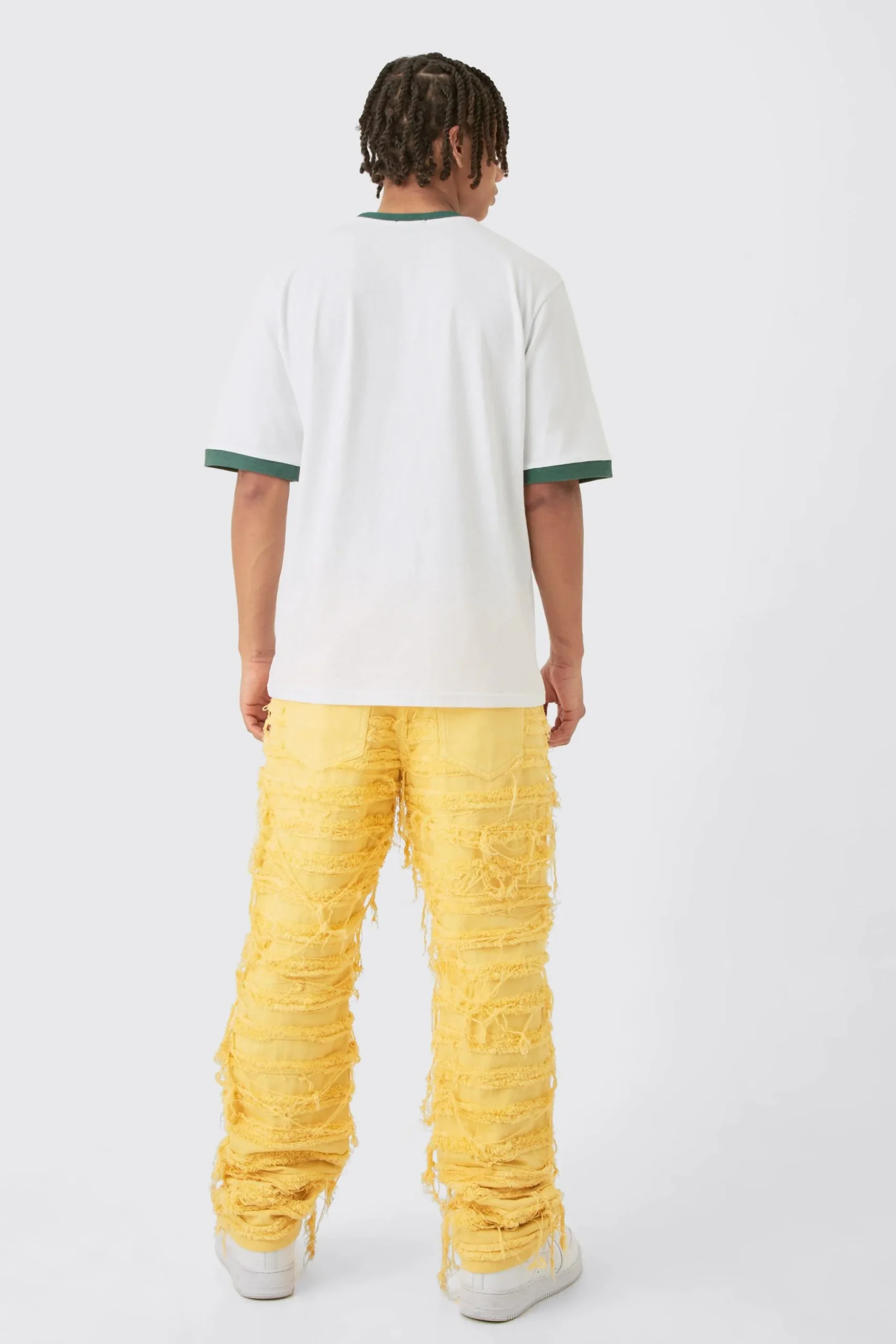 Relaxed Rigid Hyper Distressed Overdye Denim Jean In Yellow | BoohooMAN UK