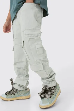 Relaxed Rigid Multi Pocket Cargo Jeans In Stone | BoohooMAN UK