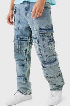 Relaxed Rigid Multi Pocket Cargo Jeans In Tinted Blue | BoohooMAN UK