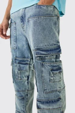 Relaxed Rigid Multi Pocket Cargo Jeans In Tinted Blue | BoohooMAN UK