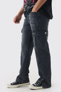 Relaxed Rigid Popper Hem Cargo Jeans | BoohooMAN UK