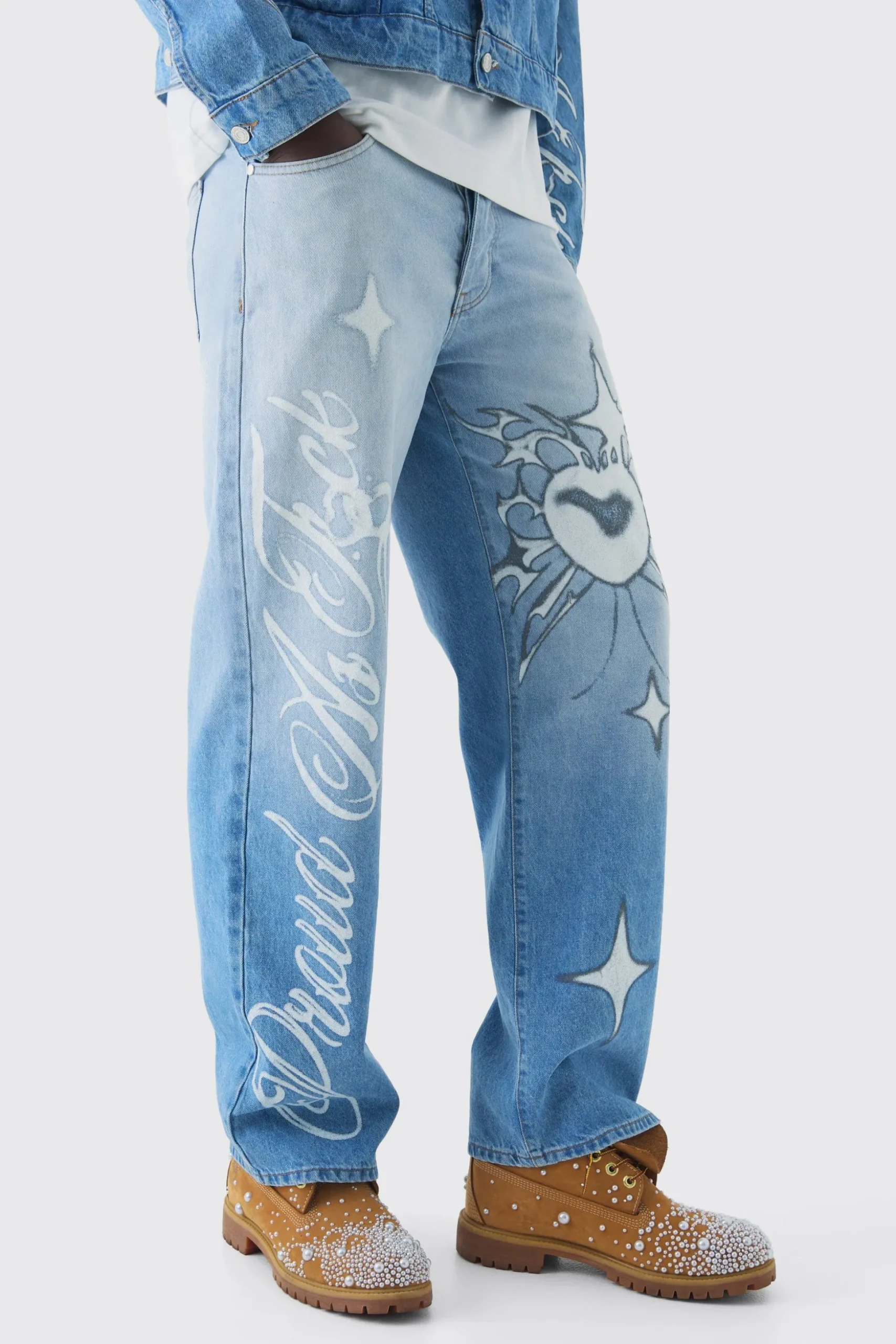 Relaxed Rigid Pride Printed Jeans | BoohooMAN UK