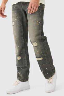 Relaxed Rigid Ripped Carpenter Paint Splatter Jeans In Antique Grey | BoohooMAN UK
