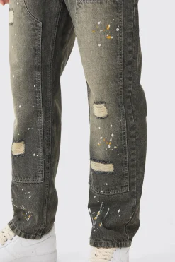 Relaxed Rigid Ripped Carpenter Paint Splatter Jeans In Antique Grey | BoohooMAN UK