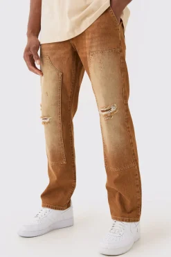 Relaxed Rigid Ripped Carpenter Denim Jean In Brown | BoohooMAN UK
