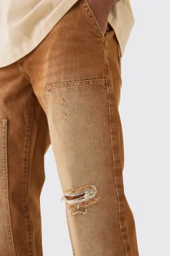 Relaxed Rigid Ripped Carpenter Denim Jean In Brown | BoohooMAN UK