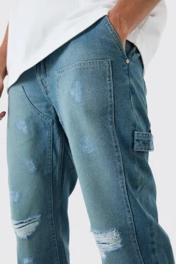 Relaxed Rigid Ripped Knee Carpenter Jeans In Light Blue | BoohooMAN UK